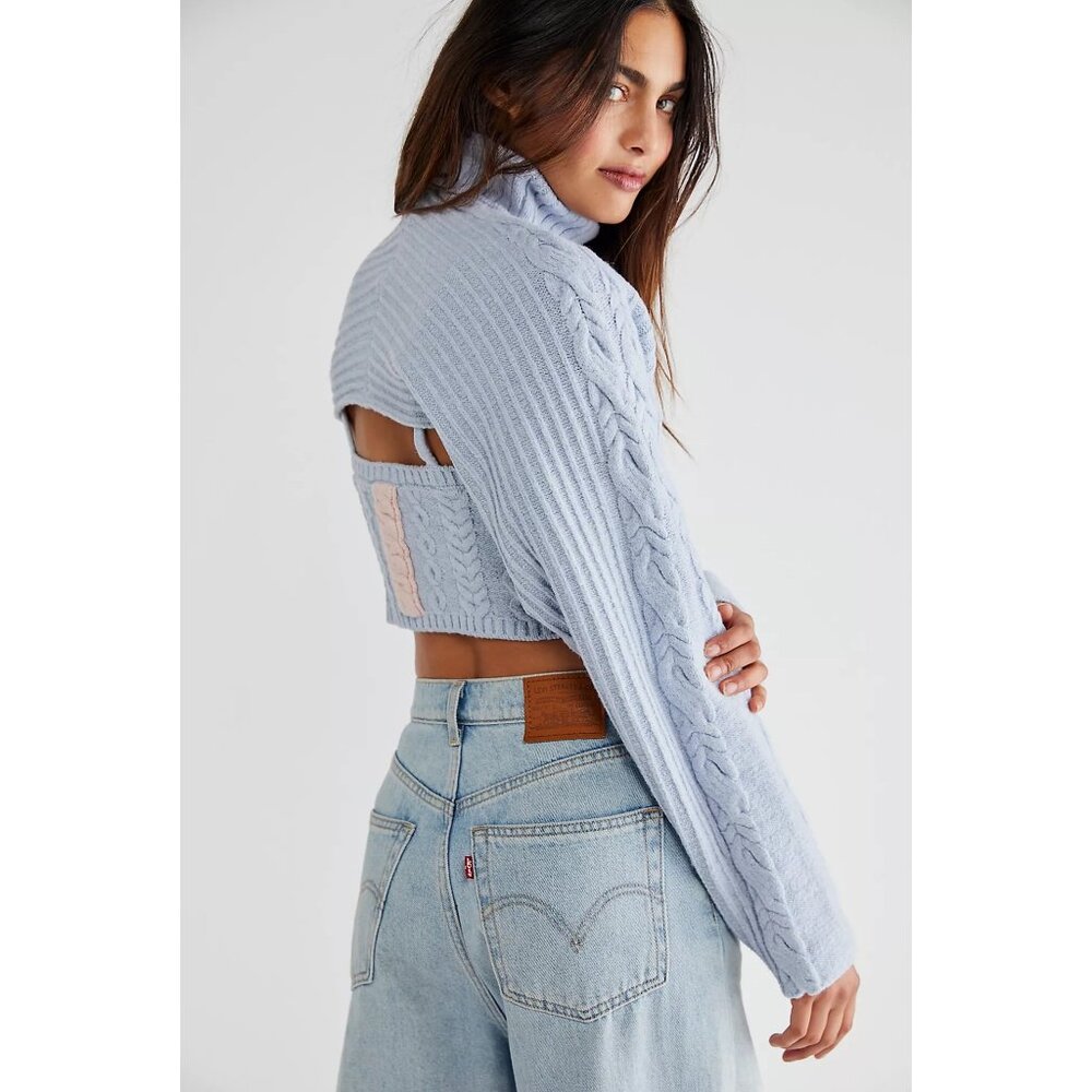 For Love & Lemons Blue & Pink Cable Knit 2-Piece Set Cropped Tank & Shrug XS/S - Picture 14 of 16